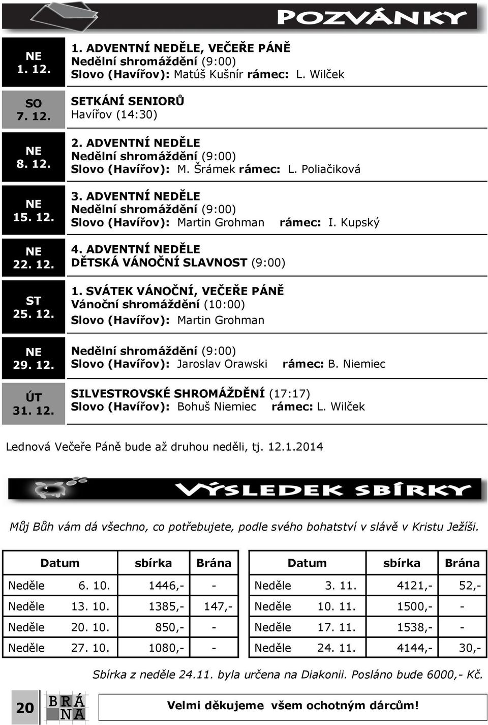 Kupský NE 22. 12. ST 25. 12. 4. ADVENTNÍ NEDĚLE DĚTSKÁ VÁNOČNÍ SLAVNOST (9:00) 1. SVÁTEK VÁNOČNÍ, VEČEŘE PÁNĚ Vánoční shromáždění (10:00) Slovo (Havířov): Martin Grohman NE 29. 12. Nedělní shromáždění (9:00) Slovo (Havířov): Jaroslav Orawski rámec: B.
