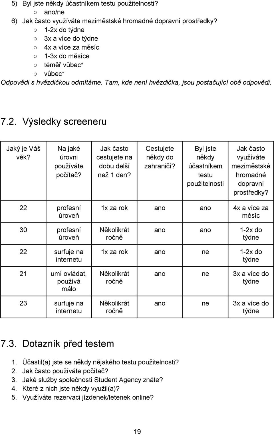 Na jaké úrovni používáte počítač? Jak často cestujete na dobu delší než 1 den? Cestujete někdy do zahraničí?