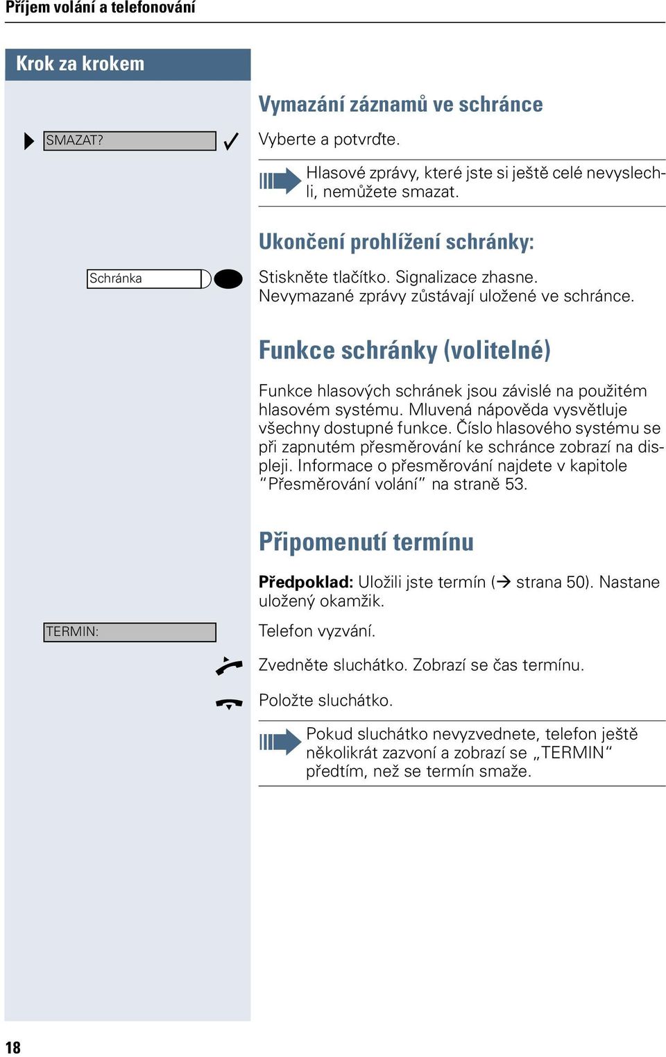 Mluvená nápověda vysvětluje všechny dostupné funkce. Číslo hlasového systému se při zapnutém přesměrování ke schránce zobrazí na displeji.