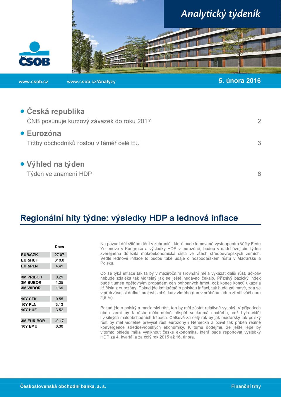 HDP a lednová inflace Dnes EUR/CZK 27.07 EUR/HUF 31 EUR/PLN 4.41 3M PRIBOR 0.29 3M BUBOR 1.35 3M WIBOR 1.69 10Y CZK 5 10Y PLN 3.13 10Y HUF 3.52 3M EURIBOR -0.17 10Y EMU 0.