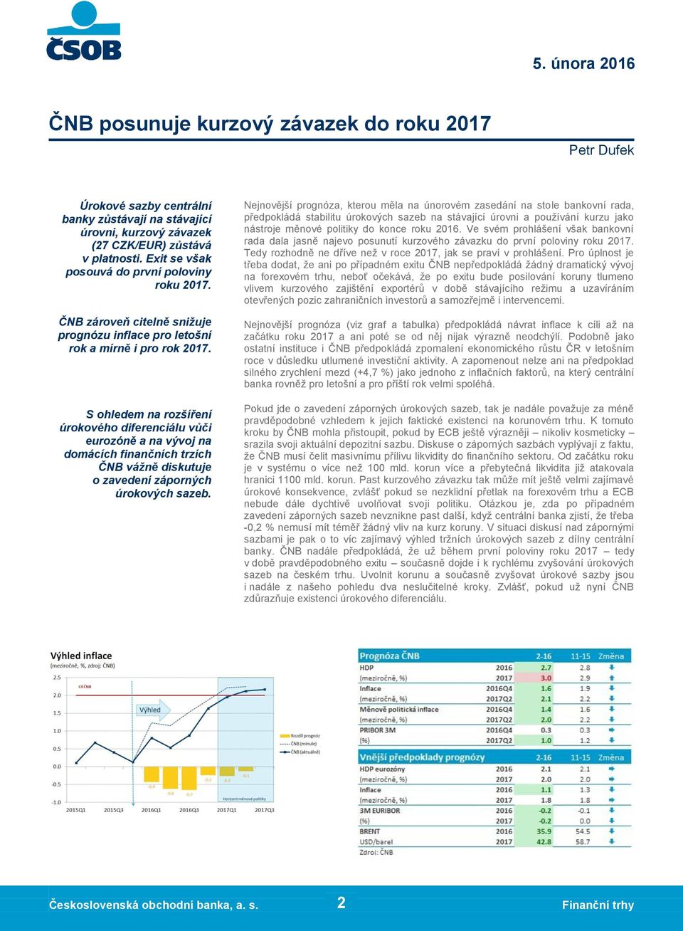 S ohledem na rozšíření úrokového diferenciálu vůči eurozóně a na vývoj na domácích finančních trzích ČNB vážně diskutuje o zavedení záporných úrokových sazeb.