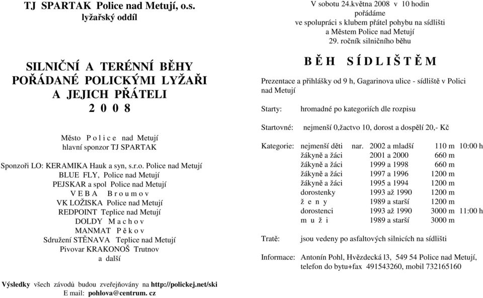 díl SILNIČNÍ A TERÉNNÍ BĚHY POŘÁDANÉ POLICKÝMI LYŽAŘI A JEJICH PŘÁTELI 2 0 0 8 Město 