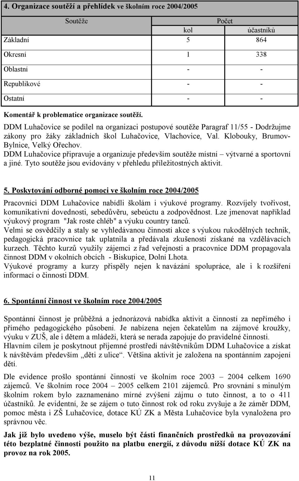 DDM Luhačovice připravuje a organizuje především soutěže místní výtvarné a sportovní a jiné. Tyto soutěže jsou evidovány v přehledu příležitostných aktivit. 5.