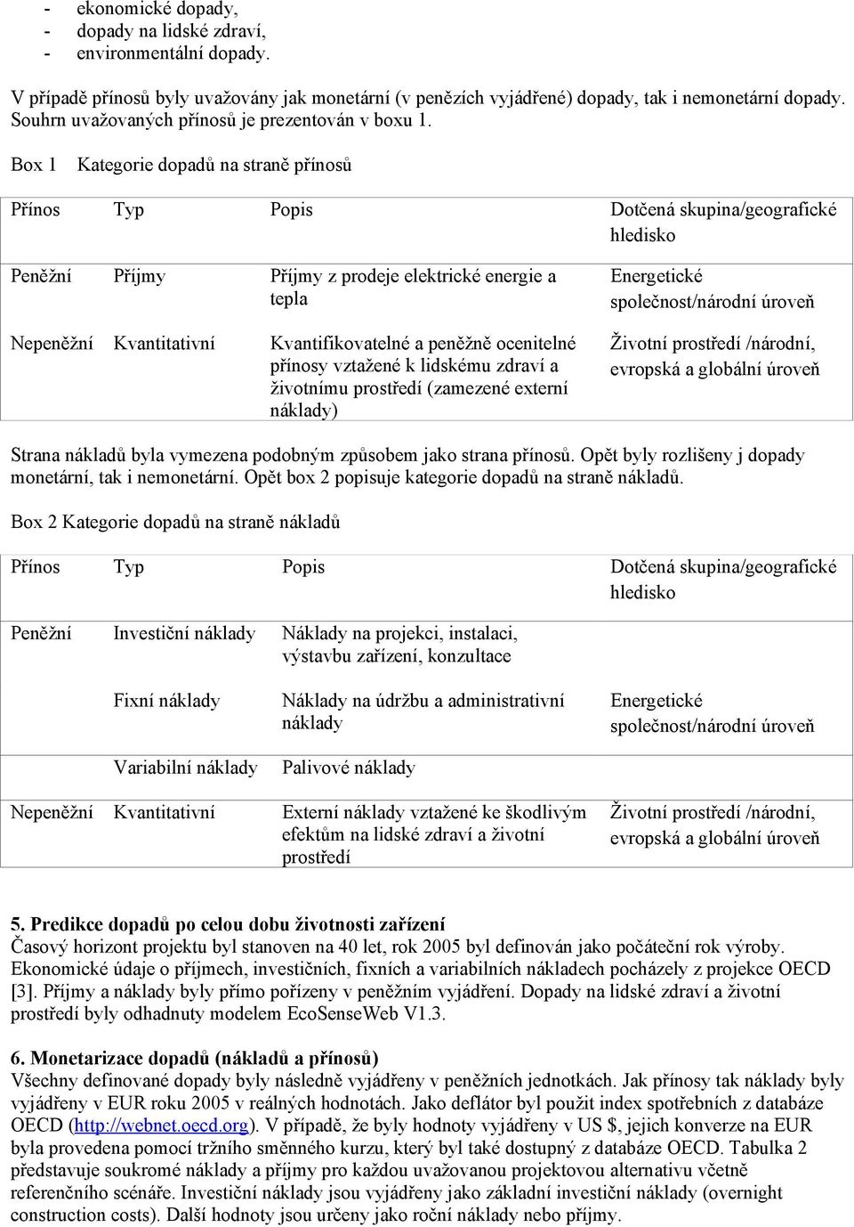 Box 1 Kategorie dopadů na straně přínosů Přínos Typ Popis Dotčená skupina/geografické hledisko Peněžní Příjmy Příjmy z prodeje elektrické energie a tepla Energetické společnost/národní úroveň