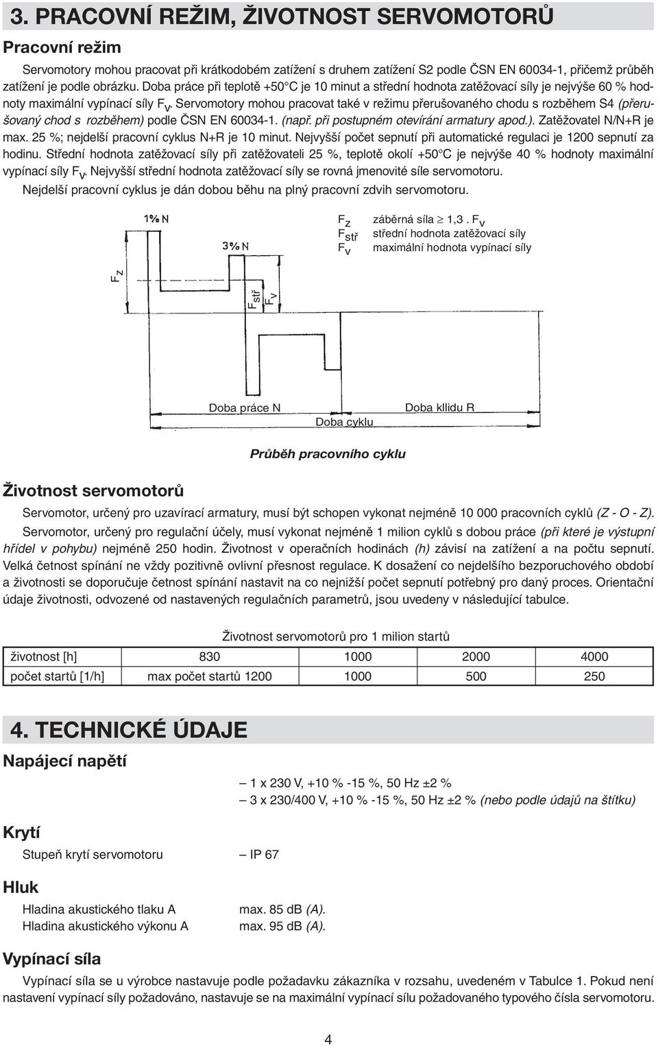 Servomotory mohou pracovat také v režimu přerušovaného chodu s rozběhem S4 (přerušovaný chod s rozběhem) podle ČSN EN 60034-1. (např. při postupném otevírání armatury apod.). Zatěžovatel N/N+R je max.