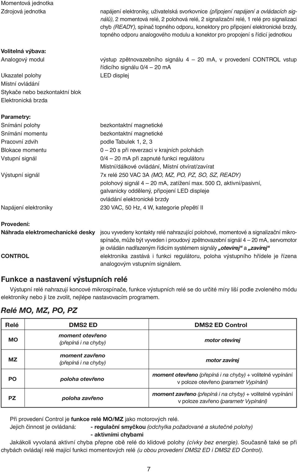 modul Ukazatel polohy Místní ovládání Stykače nebo bezkontaktní blok Elektronická brzda výstup zpětnovazebního signálu 4 20 ma, v provedení CONTROL vstup řídicího signálu 0/4 20 ma LED displej