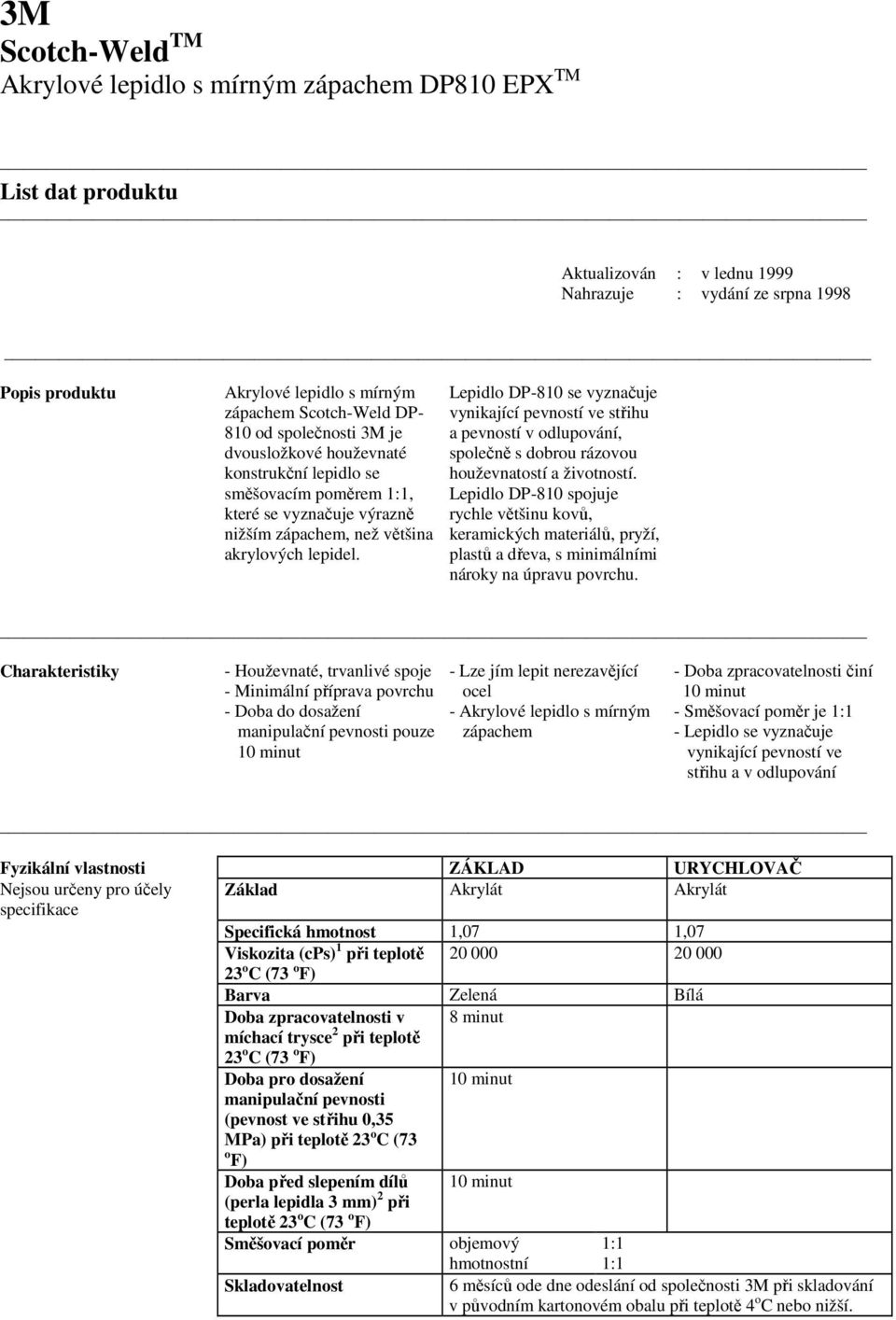 Lepidlo se vyznačuje vynikající pevností a pevností v odlupování, společně s dobrou rázovou houževnatostí a životností.