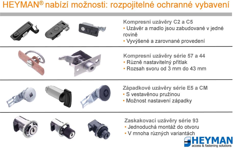 nastavitelný přítlak Rozsah svoru od 3 mm do 43 mm Západkové uzávěry série E5 a CM S vestavěnou