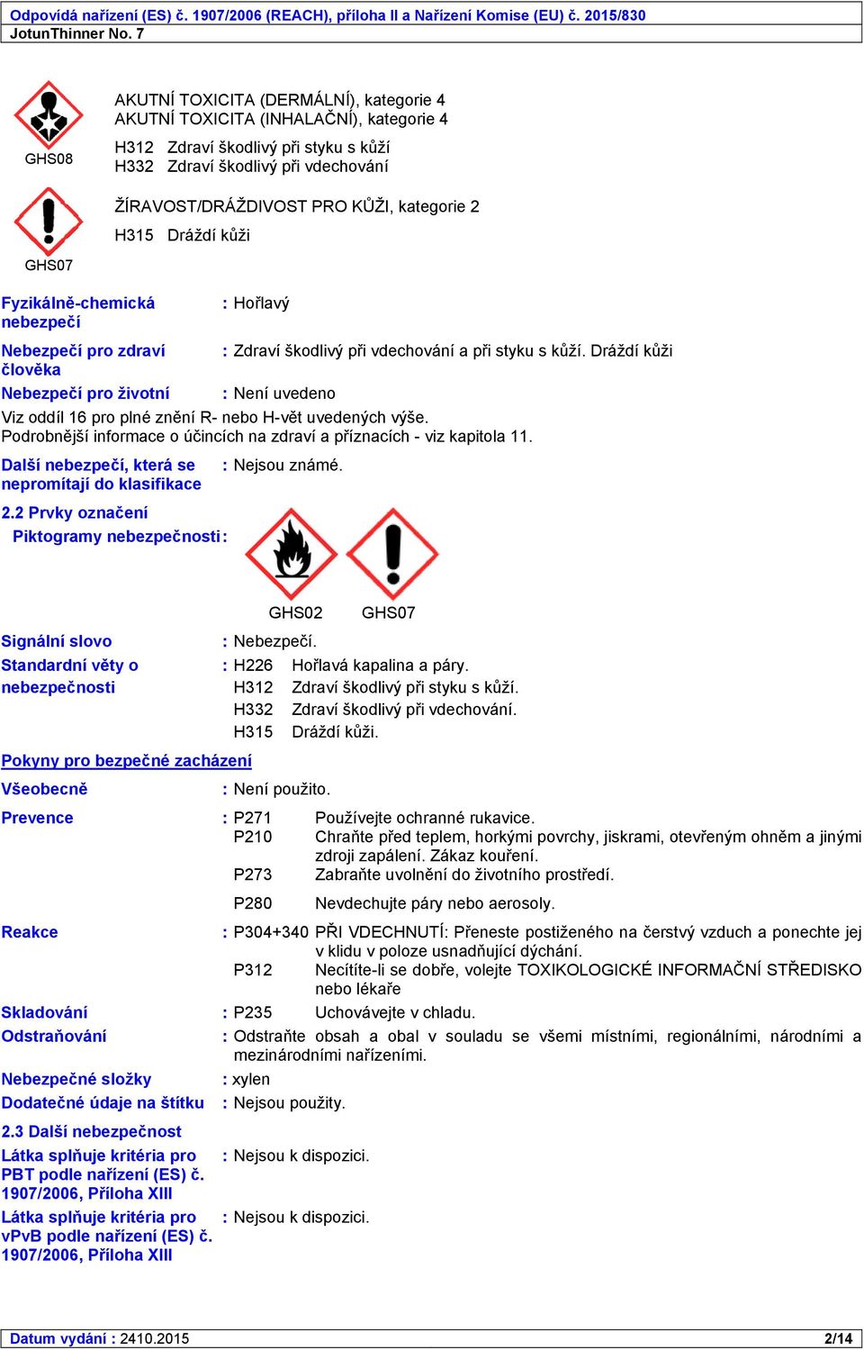 kategoriee 2 H315 Dráždí kůži GHS07 Fyzikálněchemická : Hořlavý nebezpečí Nebezpečí pro zdraví : Zdraví škodlivý při vdechování a při styku s kůží.