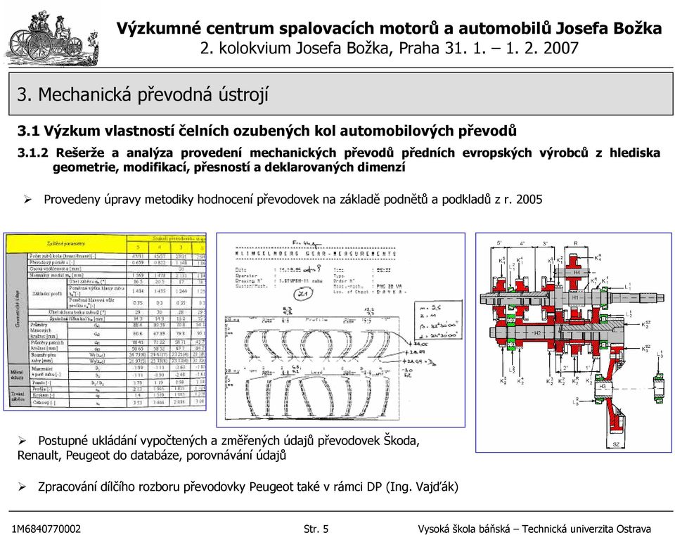 2005 Postupné ukládání vypočtených a změřených údajů převodovek Škoda, Renault, Peugeot do databáze, porovnávání údajů
