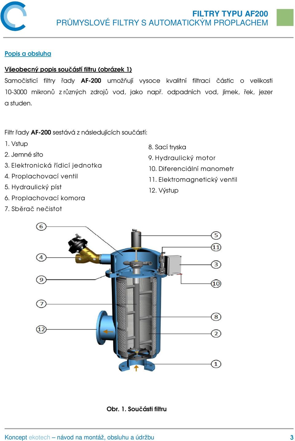 Filtr řady AF-200 sestává z následujících součástí: 1. Vstup 2. Jemné síto 3. Elektronická řídicí jednotka 4. Proplachovací ventil 5.