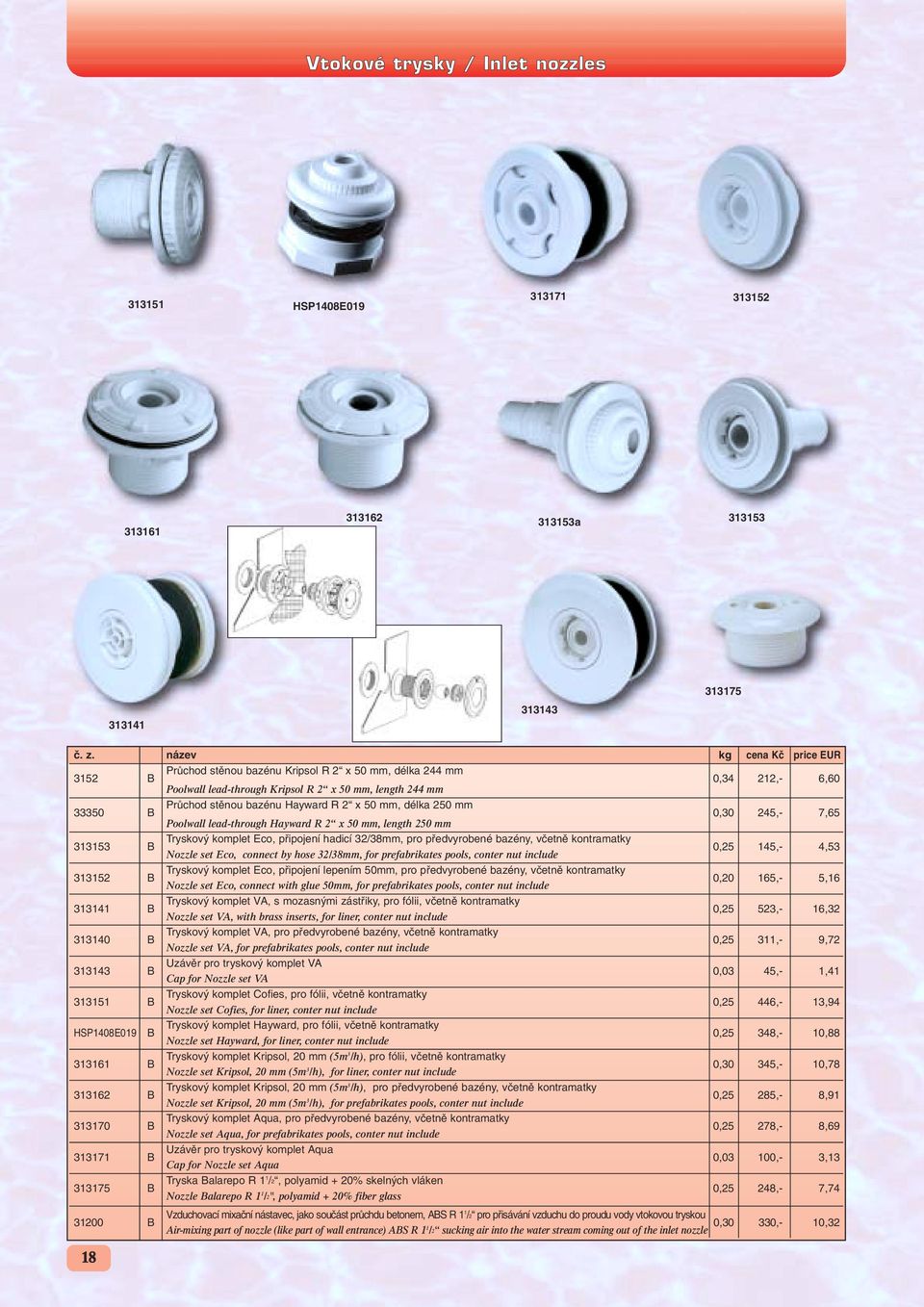 313153 B Tryskov komplet Eco, pfiipojení hadicí 32/38mm, pro pfiedvyrobené bazény, vãetnû kontramatky 0,25 145,- 4,53 Nozzle set Eco, connect by hose 32/38mm, for prefabrikates pools, conter nut