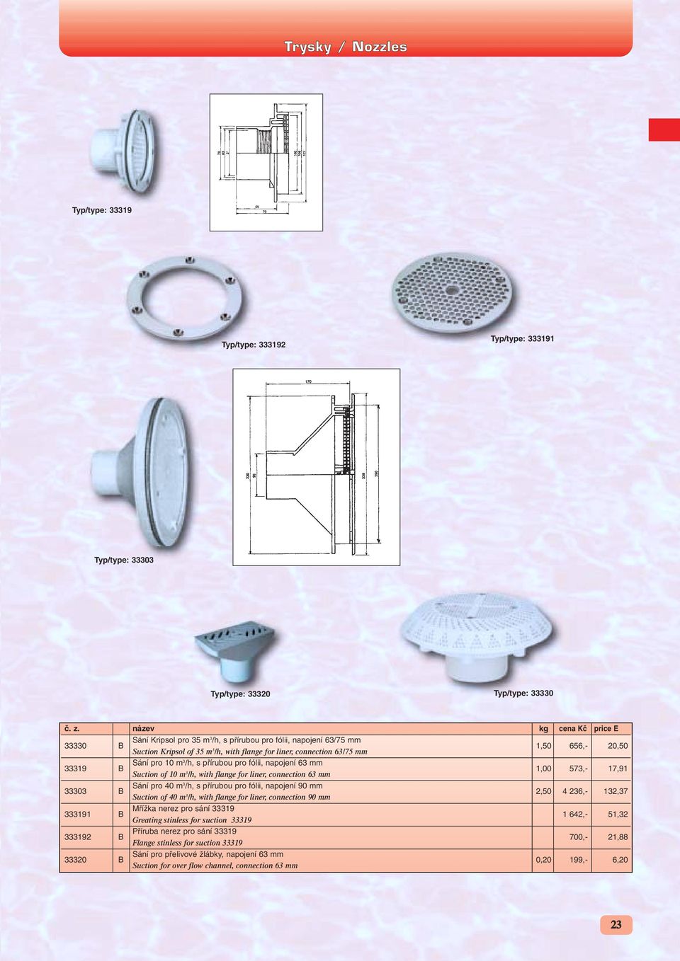 Sání pro 10 m3 /h, s pfiírubou pro fólii, napojení 63 mm Suction of 10 m 3 /h, with flange for liner, connection 63 mm 1,00 573,- 17,91 33303 B Sání pro 40 m3 /h, s pfiírubou pro fólii, napojení 90