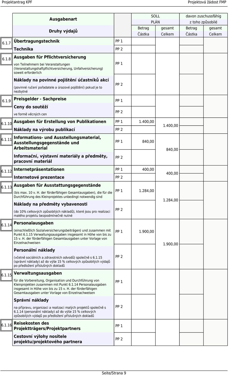 8 Ausgaben für Pflichtversicherung von Teilnehmern bei Veranstaltungen (Veranstaltungshaftpflichtversicherung, Unfallversicherung) soweit erforderlich Náklady na povinné pojištění účastníků akcí