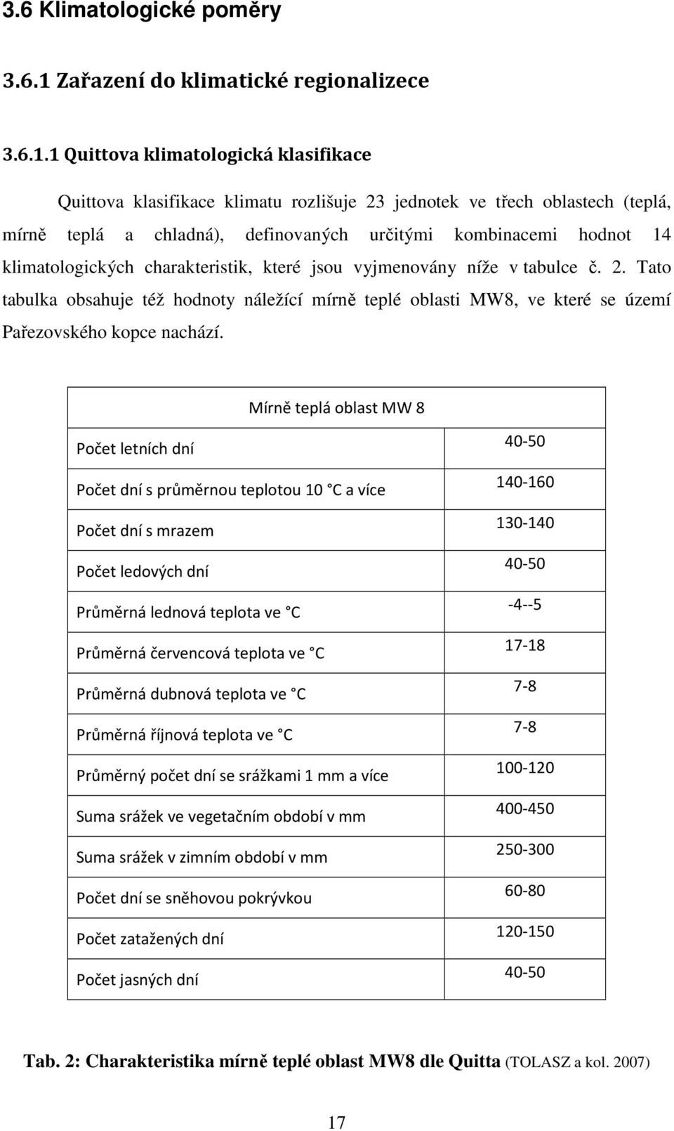 1 Quittova klimatologická klasifikace Quittova klasifikace klimatu rozlišuje 23 jednotek ve třech oblastech (teplá, mírně teplá a chladná), definovaných určitými kombinacemi hodnot 14