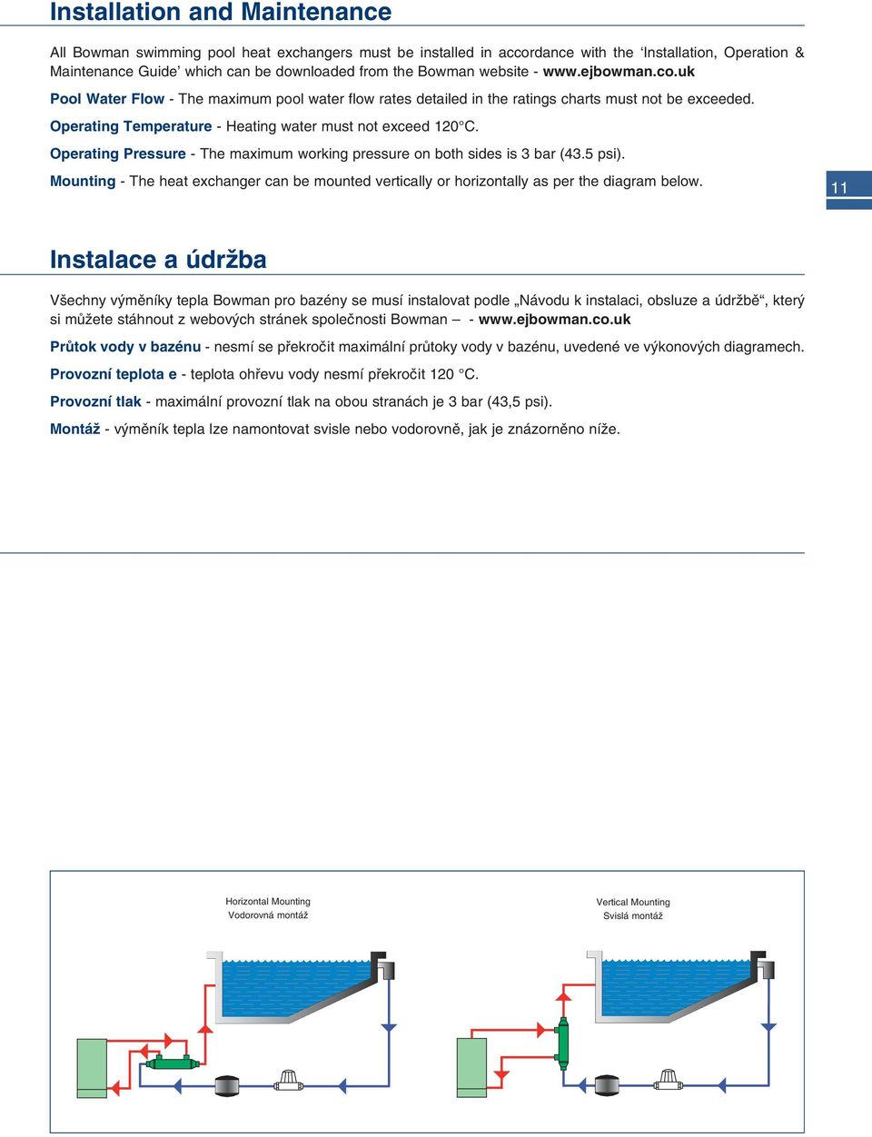 Operating Pressure - The maximum working pressure on both sides is 3 bar (43.5 psi). Mounting - The heat exchanger can be mounted vertically or horizontally as per the diagram below.