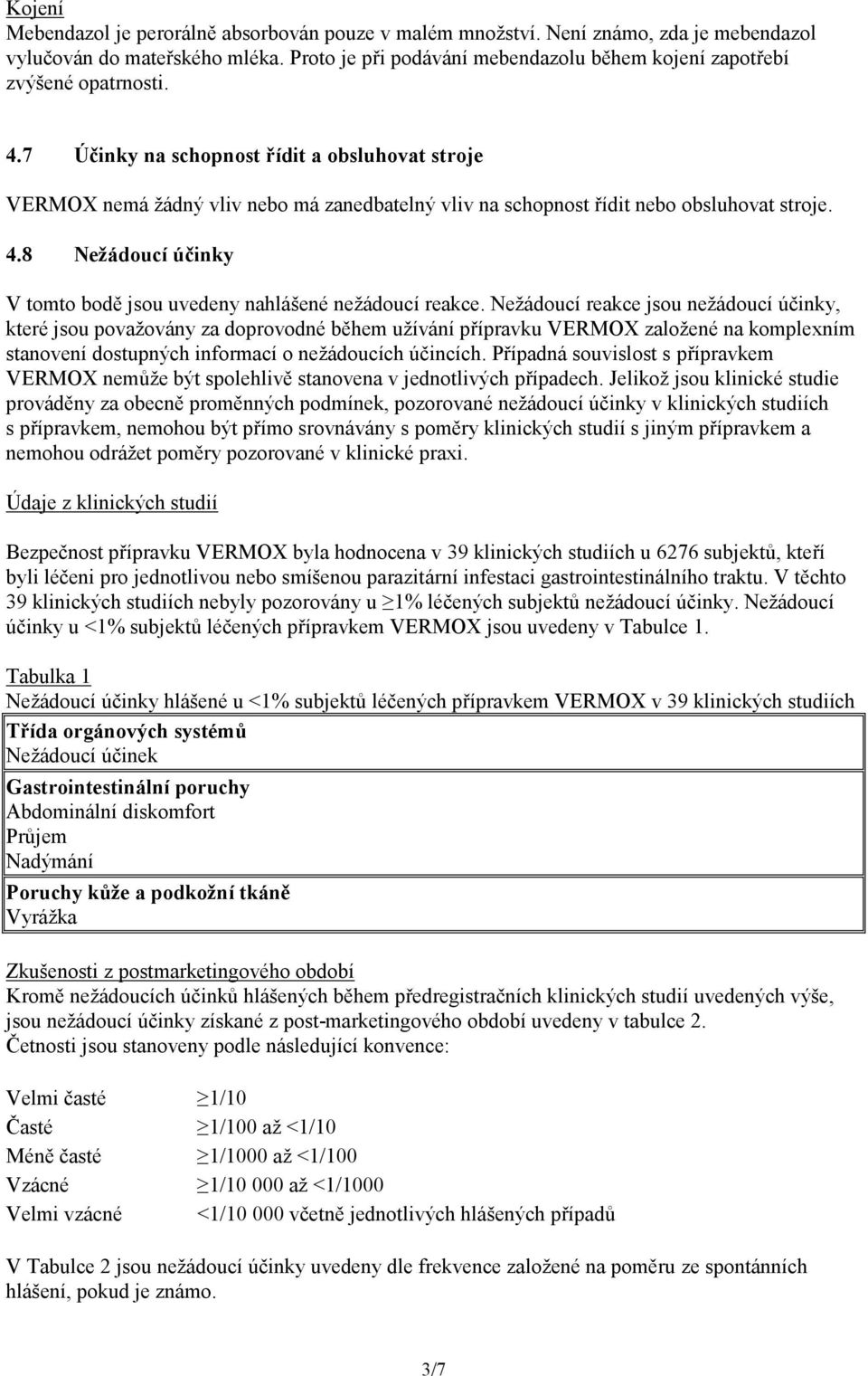 7 Účinky na schopnost řídit a obsluhovat stroje VERMOX nemá žádný vliv nebo má zanedbatelný vliv na schopnost řídit nebo obsluhovat stroje. 4.