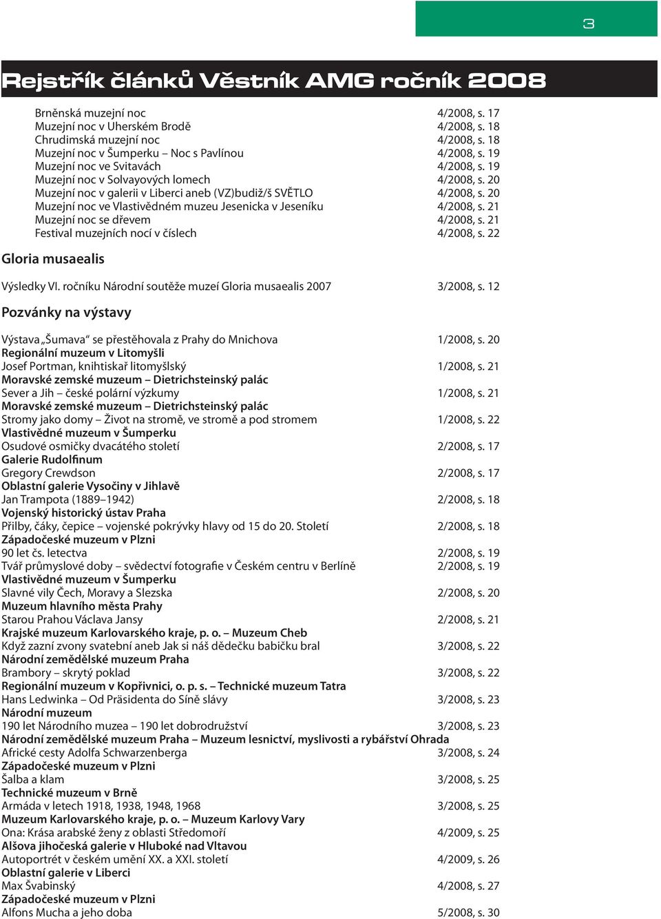 20 Muzejní noc ve Vlastivědném muzeu Jesenicka v Jeseníku 4/2008, s. 21 Muzejní noc se dřevem 4/2008, s. 21 Festival muzejních nocí v číslech 4/2008, s. 22 Gloria musaealis Výsledky VI.