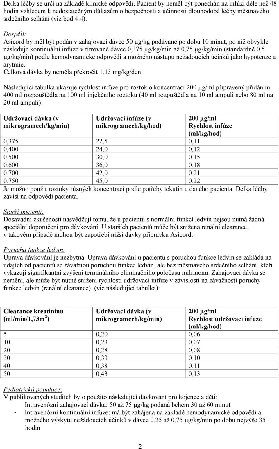 Dospělí: Asicord by měl být podán v zahajovací dávce 50 µg/kg podávané po dobu 10 minut, po níž obvykle následuje kontinuální infúze v titrované dávce 0,375 µg/kg/min až 0,75 µg/kg/min (standardně