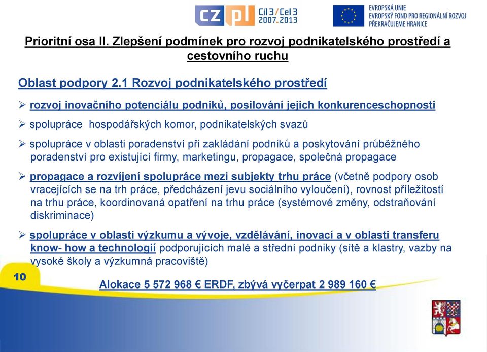 při zakládání podniků a poskytování průběţného poradenství pro existující firmy, marketingu, propagace, společná propagace propagace a rozvíjení spolupráce mezi subjekty trhu práce (včetně podpory