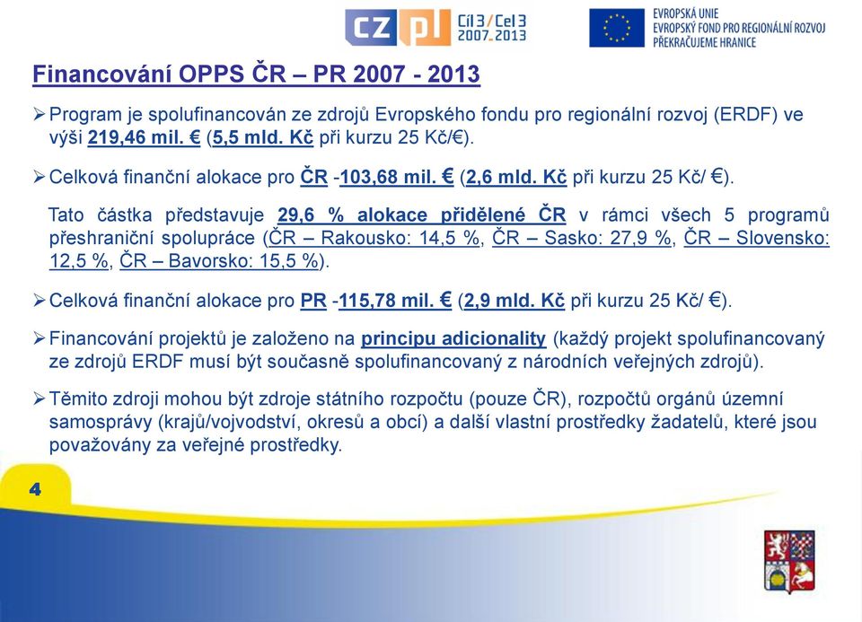 4 Tato částka představuje 29,6 % alokace přidělené ČR v rámci všech 5 programů přeshraniční spolupráce (ČR Rakousko: 14,5 %, ČR Sasko: 27,9 %, ČR Slovensko: 12,5 %, ČR Bavorsko: 15,5 %).