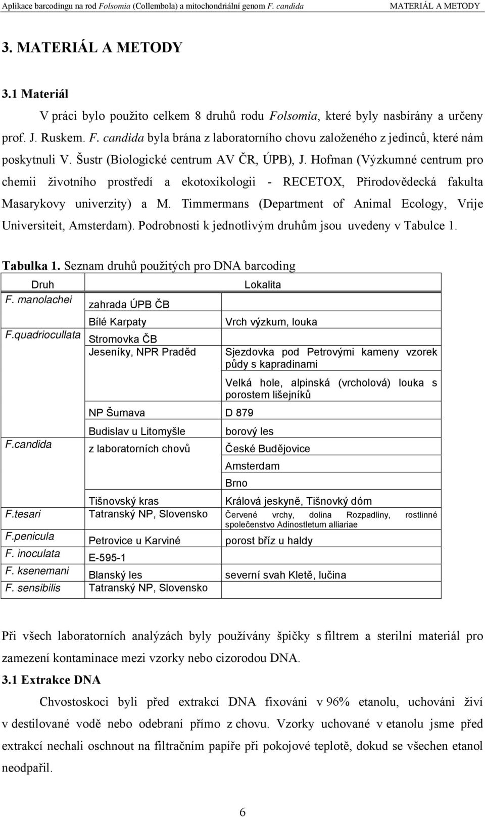 Timmermans (Department of Animal Ecology, Vrije Universiteit, Amsterdam). Podrobnosti k jednotlivým druhům jsou uvedeny v Tabulce 1. Tabulka 1. Seznam druhů použitých pro DNA barcoding Druh F.