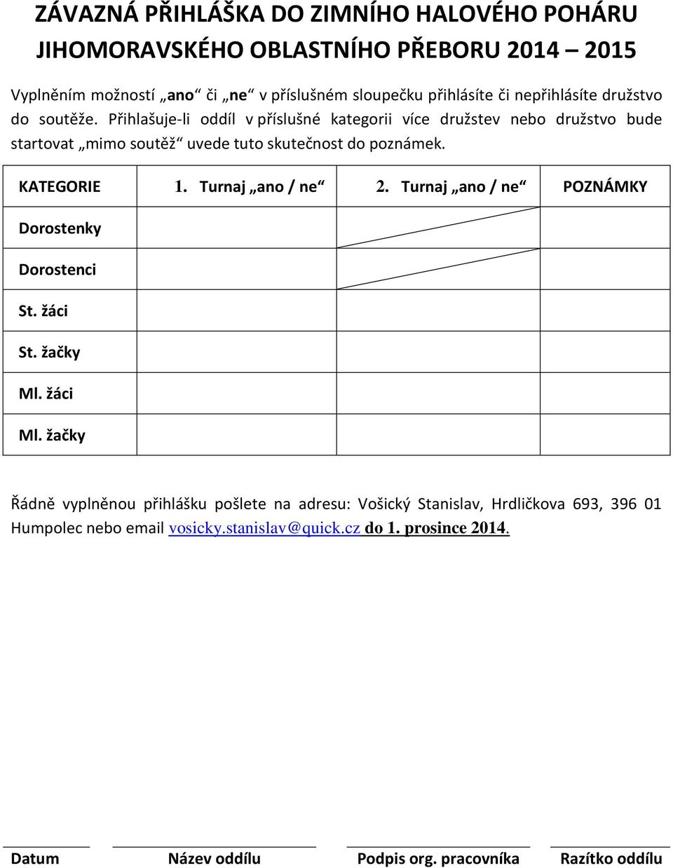 Přihlašuje-li oddíl v příslušné kategorii více družstev nebo družstvo bude startovat mimo soutěž uvede tuto skutečnost do poznámek. KATEGORIE 1. Turnaj ano / ne 2.