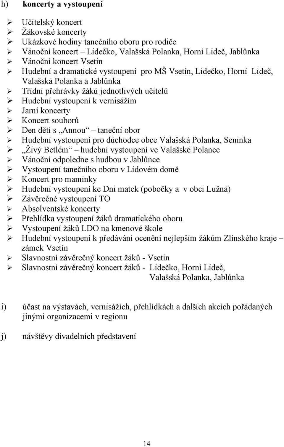 dětí s Annou taneční obor Hudební vystoupení pro důchodce obce Valašská Polanka, Seninka Živý Betlém hudební vystoupení ve Valašské Polance Vánoční odpoledne s hudbou v Jablůnce Vystoupení tanečního