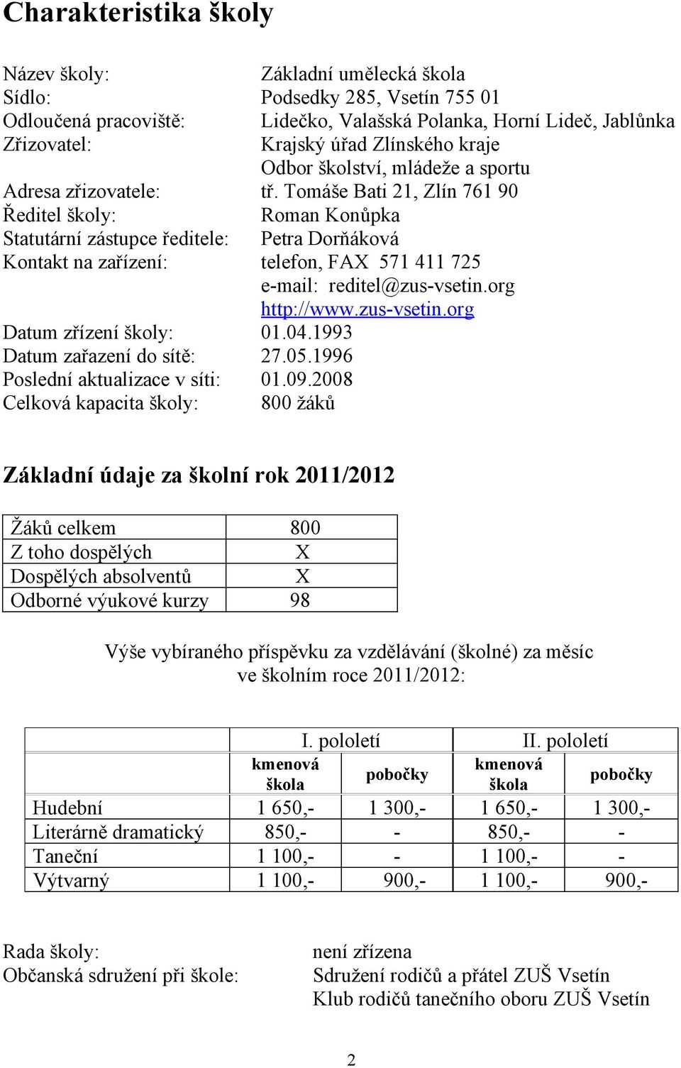 Tomáše Bati 21, Zlín 761 90 Ředitel školy: Roman Konůpka Statutární zástupce ředitele: Petra Dorňáková Kontakt na zařízení: telefon, FAX 571 411 725 e-mail: reditel@zus-vsetin.org http://www.