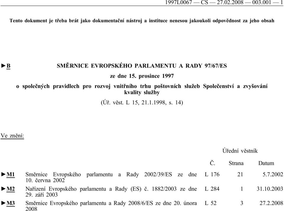 dne 15. prosince 1997 o společných pravidlech pro rozvoj vnitřního trhu poštovních služeb Společenství a zvyšování kvality služby (Úř. věst. L 15, 21.1.1998, s.