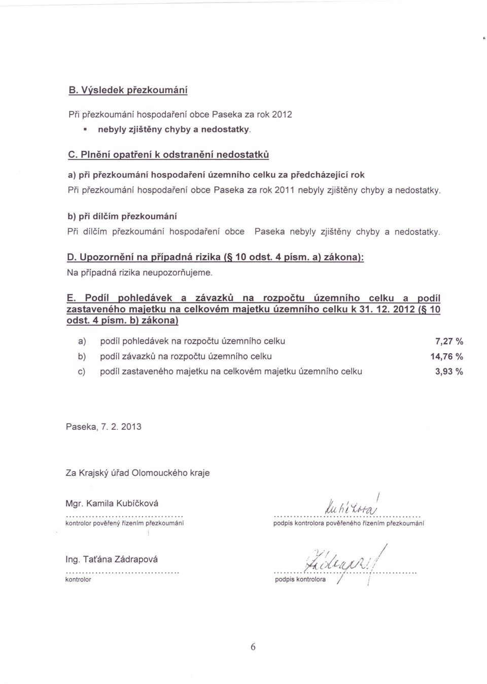 b) při dílčím přezkoumání Při dílčím přezkoumání hospodaření obce Paseka nebyly zjištěny chyby a nedostatky. DoUpozornění na případná rizika ( 10 odst.