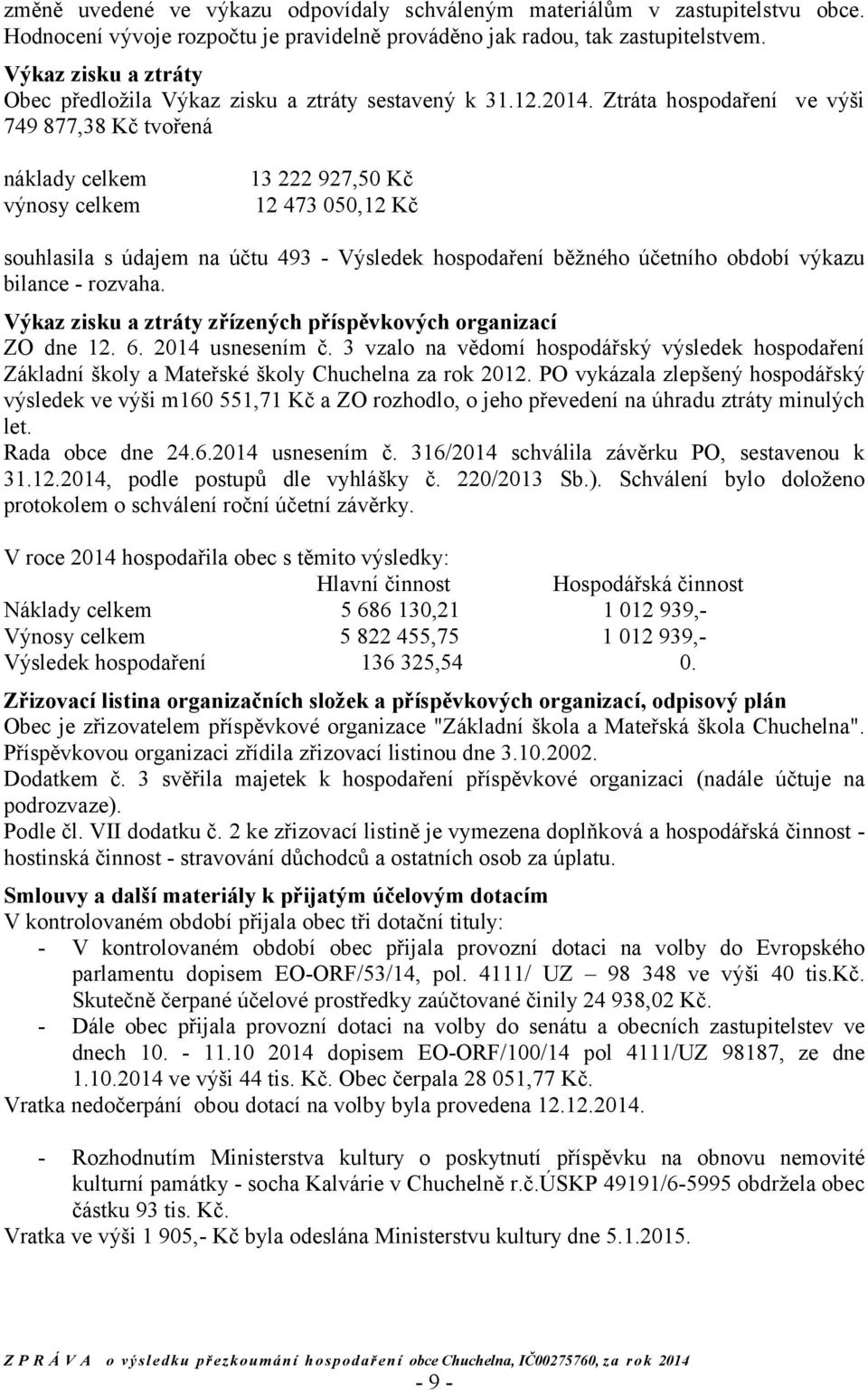 Ztráta hospodaření ve výši 749 877,38 Kč tvořená náklady celkem výnosy celkem 13 222 927,50 Kč 12 473 050,12 Kč souhlasila s údajem na účtu 493 - Výsledek hospodaření běžného účetního období výkazu