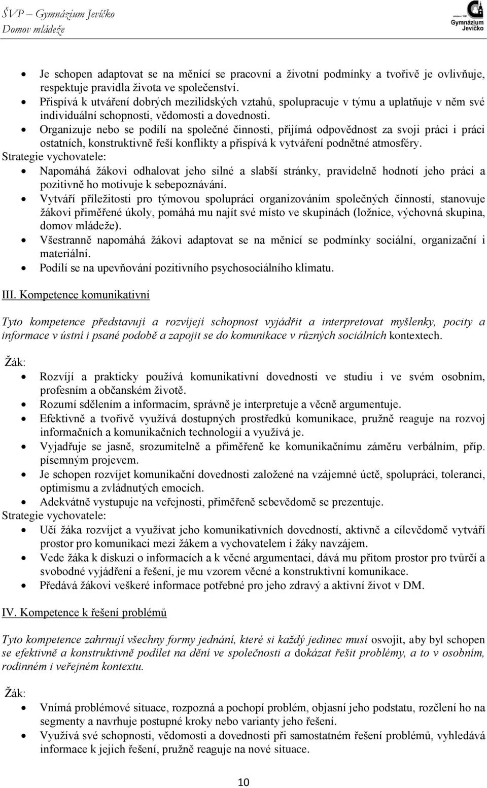 Organizuje nebo se podílí na společné činnosti, přijímá odpovědnost za svoji práci i práci ostatních, konstruktivně řeší konflikty a přispívá k vytváření podnětné atmosféry.