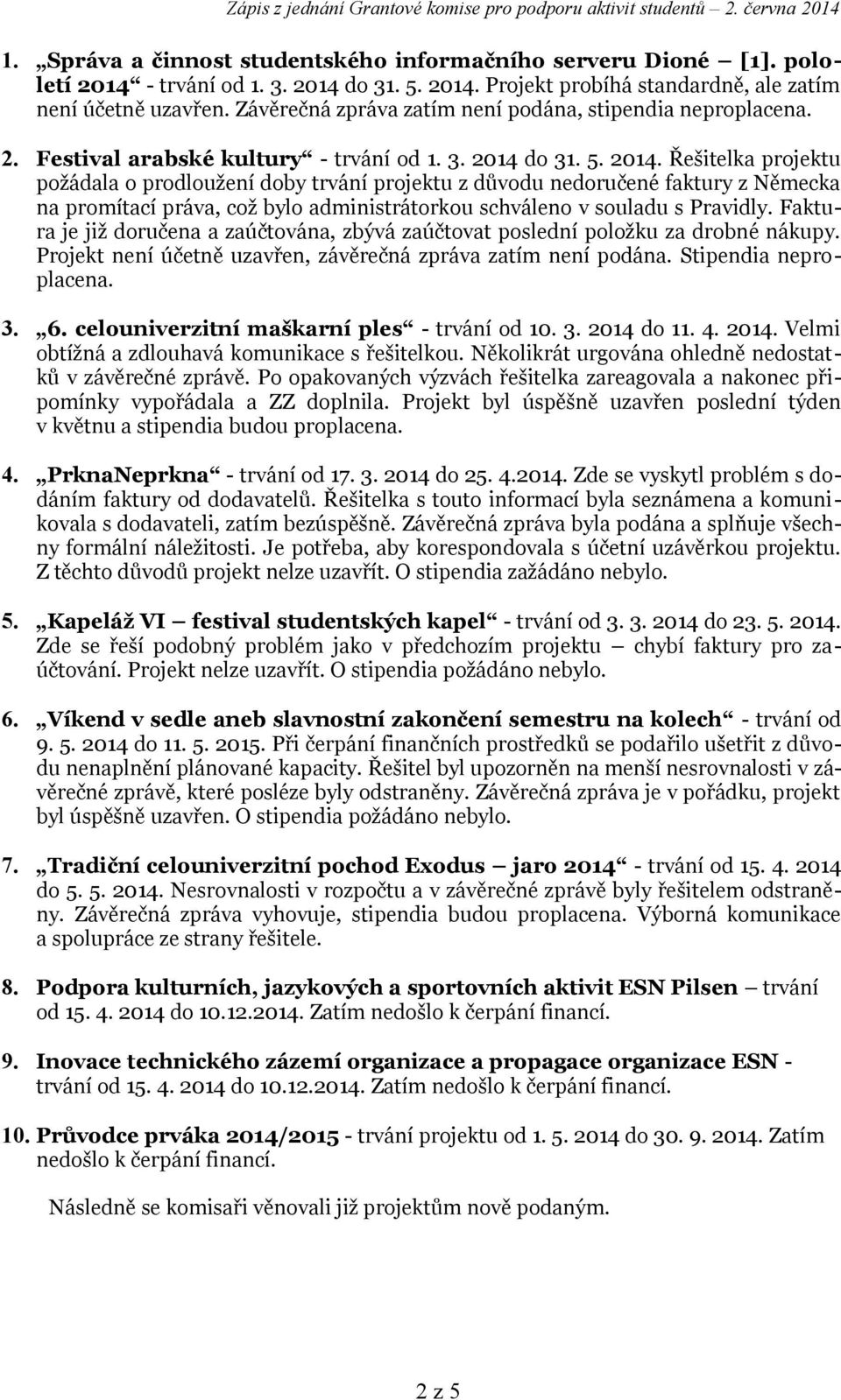 do 31. 5. 2014. Řešitelka projektu požádala o prodloužení doby trvání projektu z důvodu nedoručené faktury z Německa na promítací práva, což bylo administrátorkou schváleno v souladu s Pravidly.