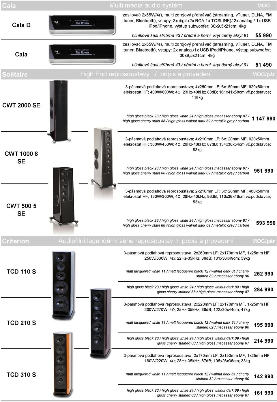 / 1x USB ipod/iphone, výstup subwoofer; 30x9,5x21cm; 4kg hliníkové šasi stříbrná 43 / přední a horní kryt černý akryl 91 55 990 zesilovač 2x55W/4Ω, multi zdrojový přehrávač (streaming, vtuner, DLNA,