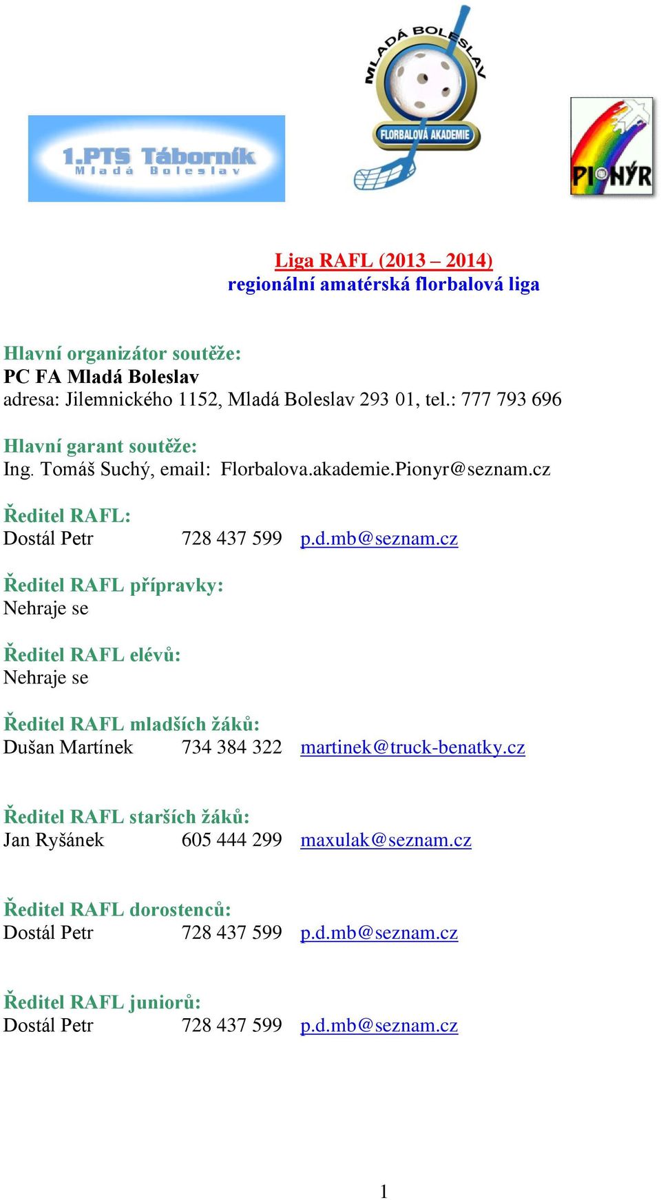 cz Ředitel RAFL přípravky: Nehraje se Ředitel RAFL elévů: Nehraje se Ředitel RAFL mladších žáků: Dušan Martínek 734 384 322 martinek@truck-benatky.