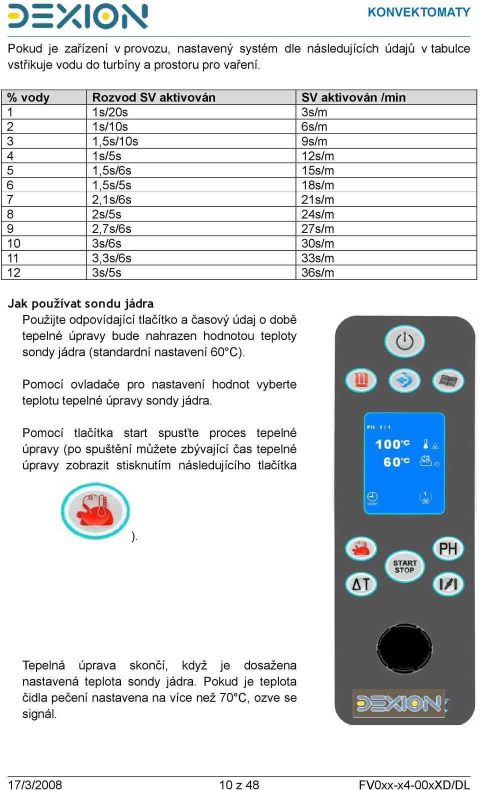 24s/m 27s/m 30s/m 33s/m 36s/m Jak používat sondu jádra Použijte odpovídající tlačítko a časový údaj o době tepelné úpravy bude nahrazen hodnotou teploty sondy jádra (standardní nastavení 60 C).