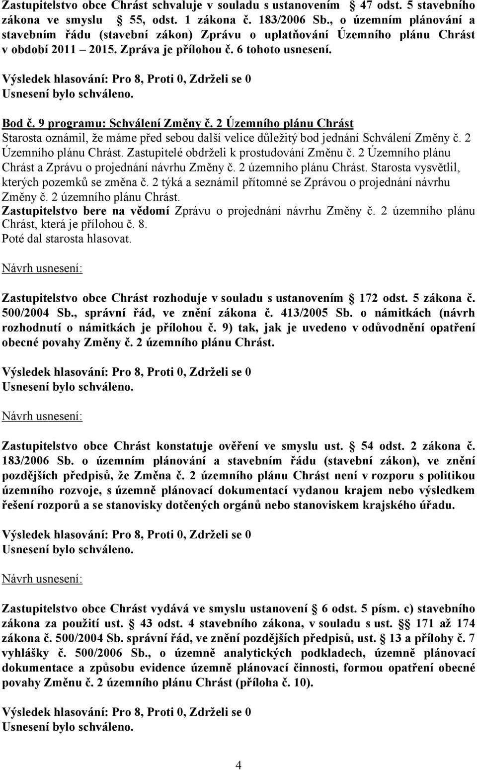 2 Územního plánu Chrást Starosta oznámil, že máme před sebou další velice důležitý bod jednání Schválení Změny č. 2 Územního plánu Chrást. Zastupitelé obdrželi k prostudování Změnu č.