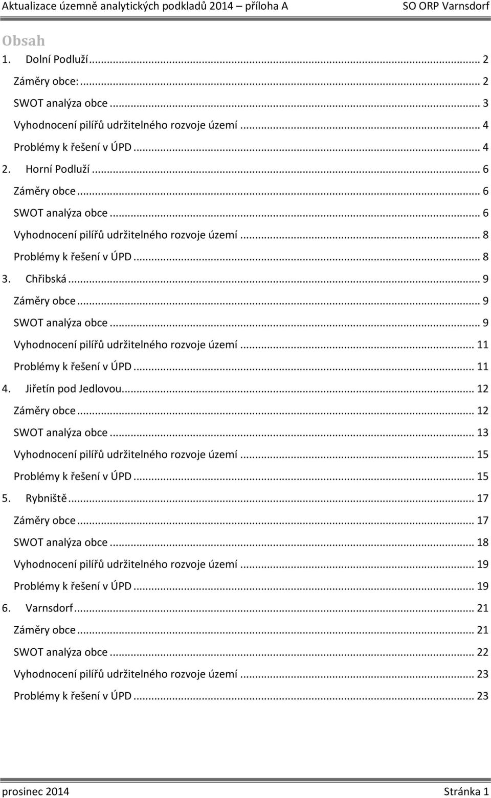 .. 9 Vyhodnocení pilířů udržitelného rozvoje území... 11 Problémy k řešení v ÚPD... 11 4. Jiřetín pod Jedlovou... 12 Záměry obce... 12 SWOT analýza obce.