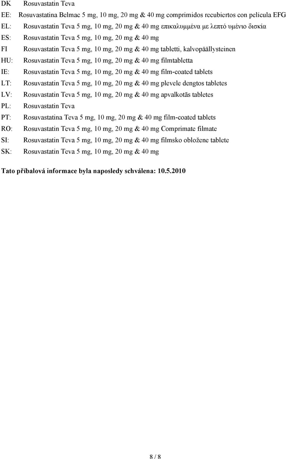 Rosuvastatin Teva 5 mg, 10 mg, 20 mg & 40 mg film-coated tablets LT: Rosuvastatin Teva 5 mg, 10 mg, 20 mg & 40 mg plevele dengtos tabletes LV: Rosuvastatin Teva 5 mg, 10 mg, 20 mg & 40 mg apvalkotās