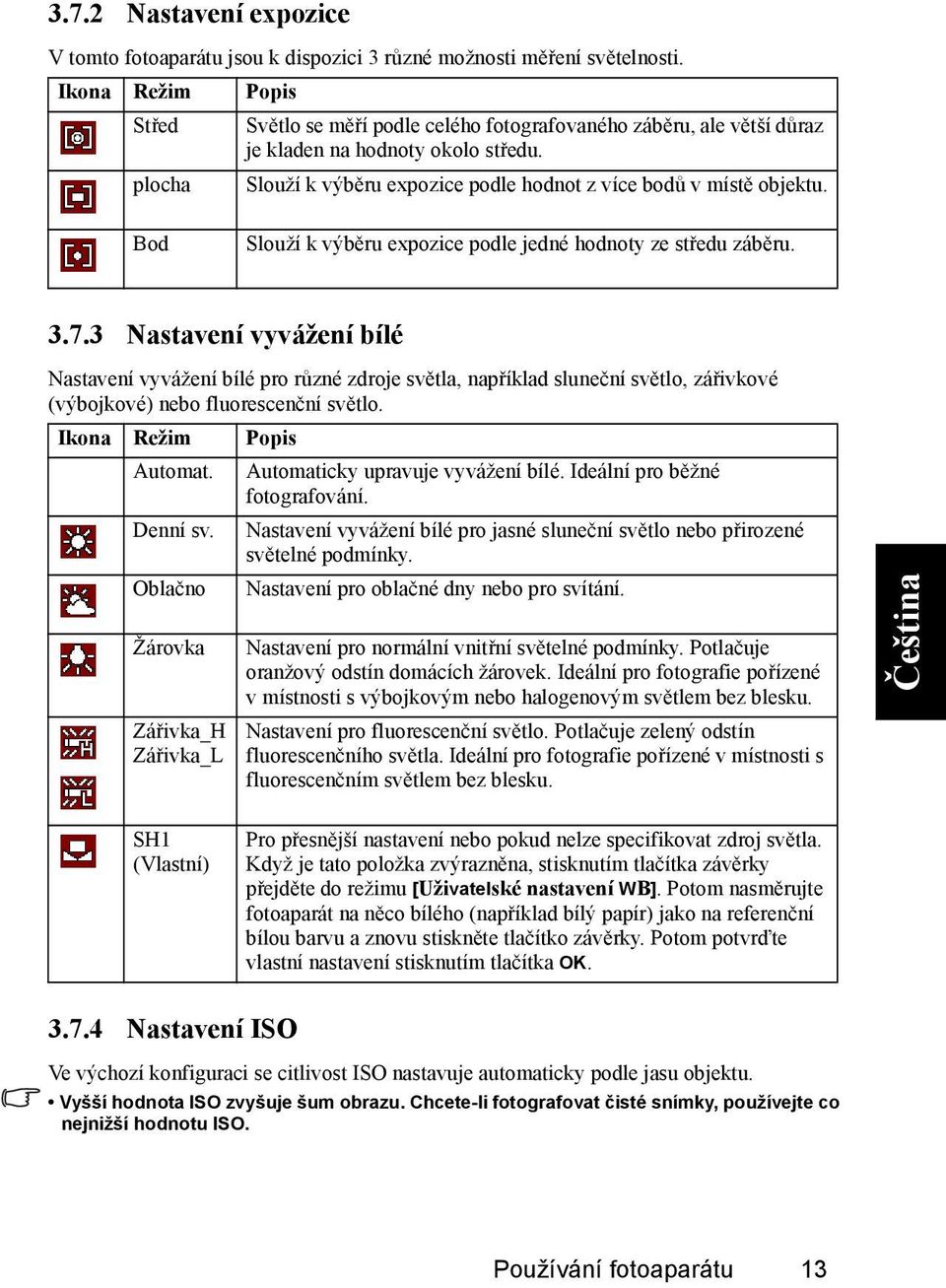 Bod Slouží k výběru expozice podle jedné hodnoty ze středu záběru. 3.7.