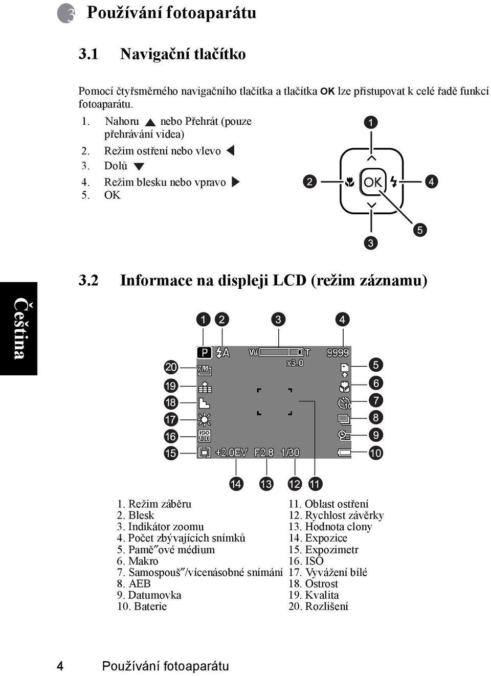 Režim záběru 11. Oblast ostření 2. Blesk 12. Rychlost závěrky 3. Indikátor zoomu 13. Hodnota clony 4. Počet zbývajících snímků 14. Expozice 5. Pamě ové médium 15.