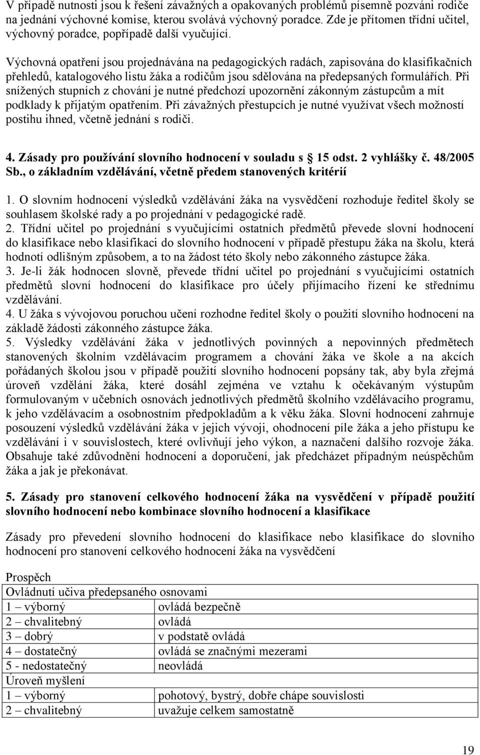 Výchovná opatření jsou projednávána na pedagogických radách, zapisována do klasifikačních přehledů, katalogového listu žáka a rodičům jsou sdělována na předepsaných formulářích.