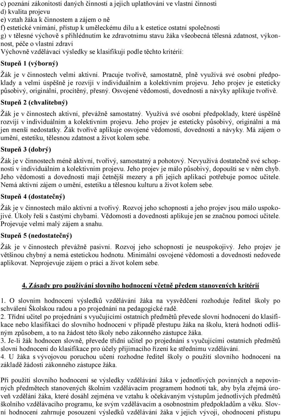 kritérií: Stupeň 1 (výborný) Žák je v činnostech velmi aktivní. Pracuje tvořivě, samostatně, plně využívá své osobní předpoklady a velmi úspěšně je rozvíjí v individuálním a kolektivním projevu.