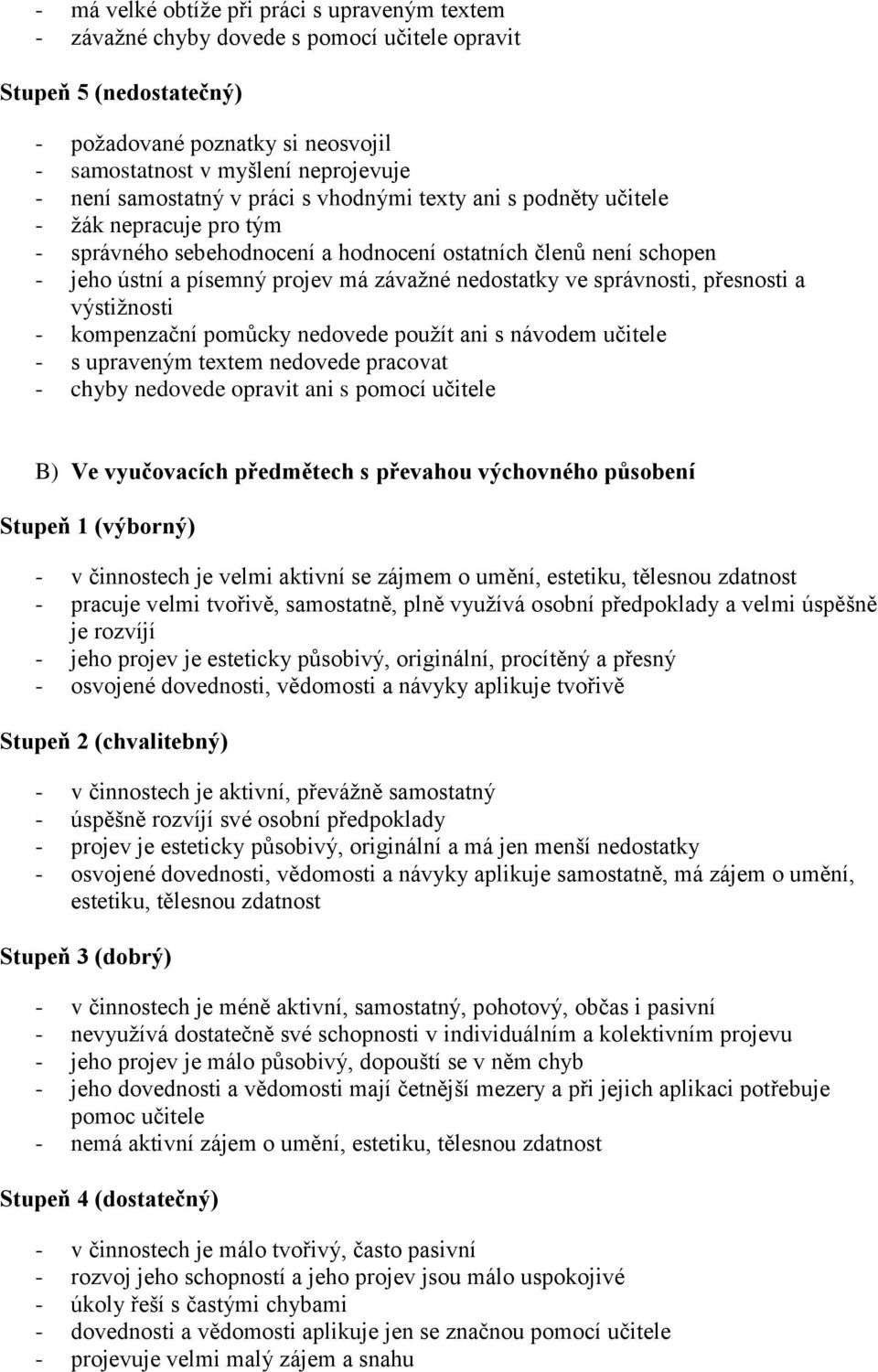 nedostatky ve správnosti, přesnosti a výstižnosti - kompenzační pomůcky nedovede použít ani s návodem učitele - s upraveným textem nedovede pracovat - chyby nedovede opravit ani s pomocí učitele B)