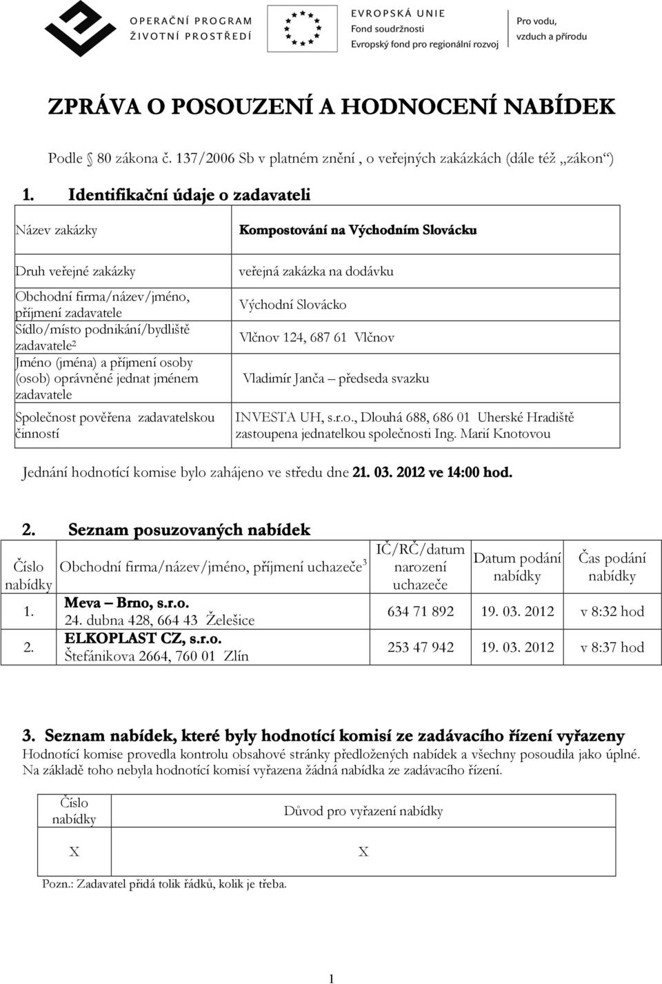 Sídlo/místo podnikání/bydliště Vlčnov 124, 687 61 Vlčnov zadavatele 2 Jméno (jména) a příjmení osoby (osob) oprávněné jednat jménem Vladimír Janča předseda svazku zadavatele Společnost pověřena