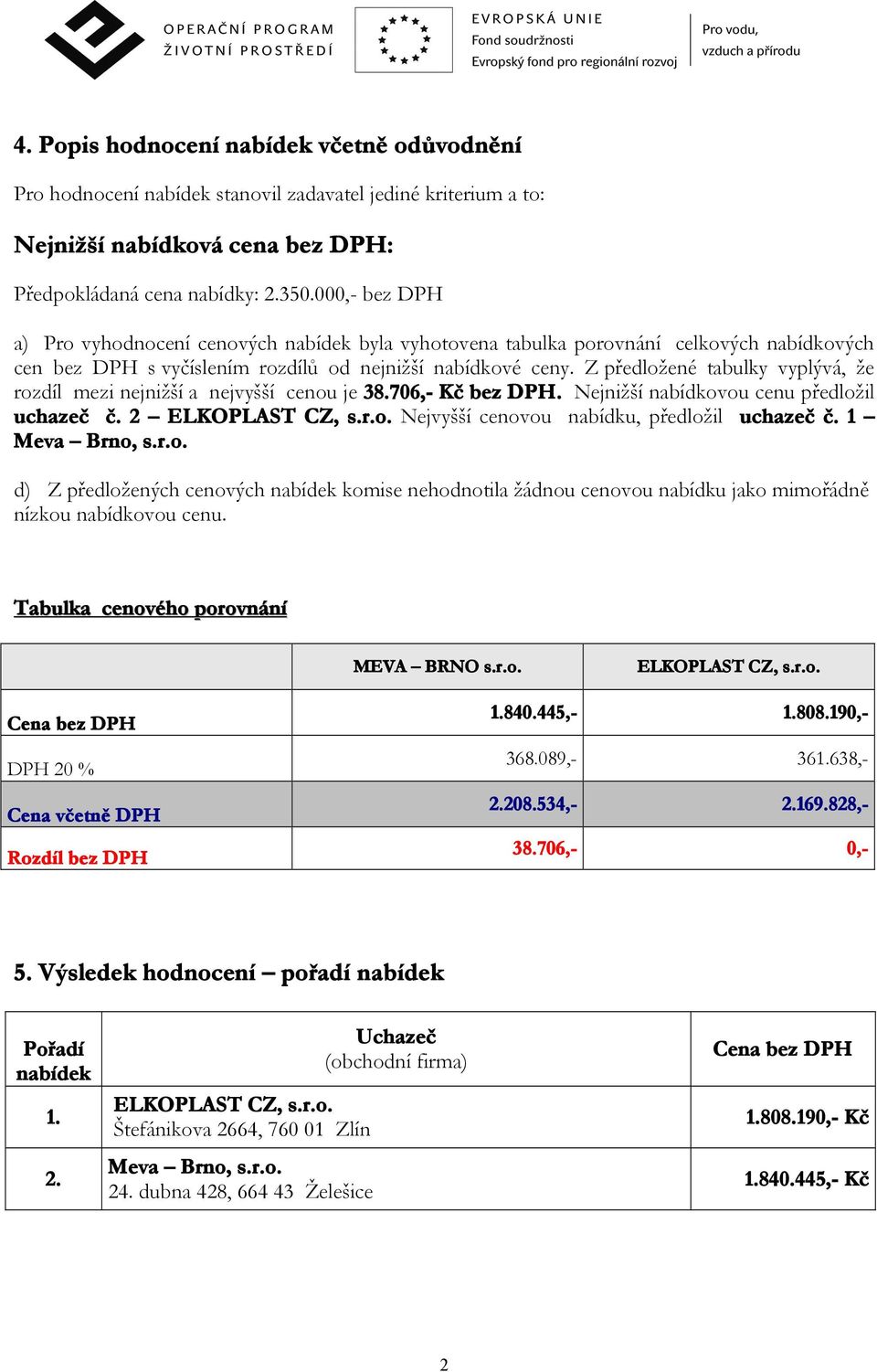 Z předložené tabulky vyplývá, že rozdíl mezi nejnižší a nejvyšší cenou je 38.706,- Kč bez DPH. Nejnižší nabídkovou cenu předložil uchazeč č. 2 Nejvyšší cenovou nabídku, předložil uchazeč č.