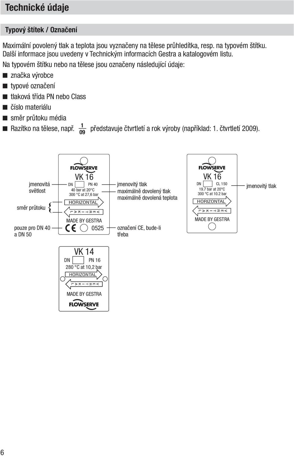 Na typovém štítku nebo na tělese jsou označeny následující údaje: značka výrobce typové označení tlaková třída PN nebo Class číslo materiálu směr průtoku média 1 Razítko na tělese, např.