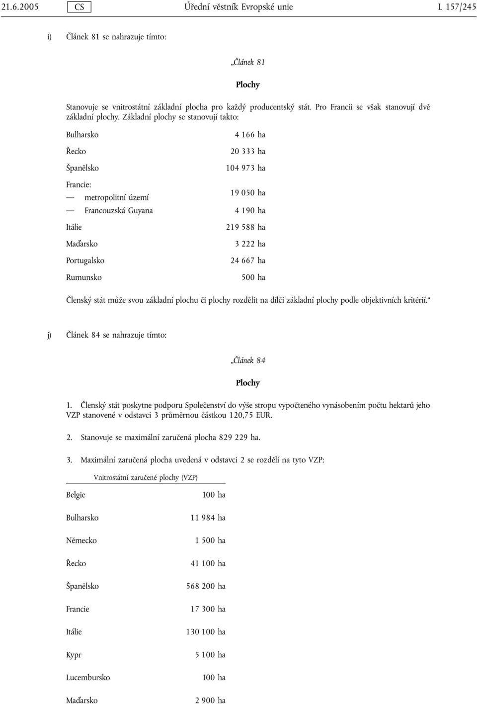 Základní plochy se stanovují takto: Bulharsko Řecko Španělsko Francie: metropolitní území Francouzská Guyana Itálie Maďarsko Portugalsko Rumunsko 4 166 ha 20 333 ha 104 973 ha 19 050 ha 4 190 ha 219