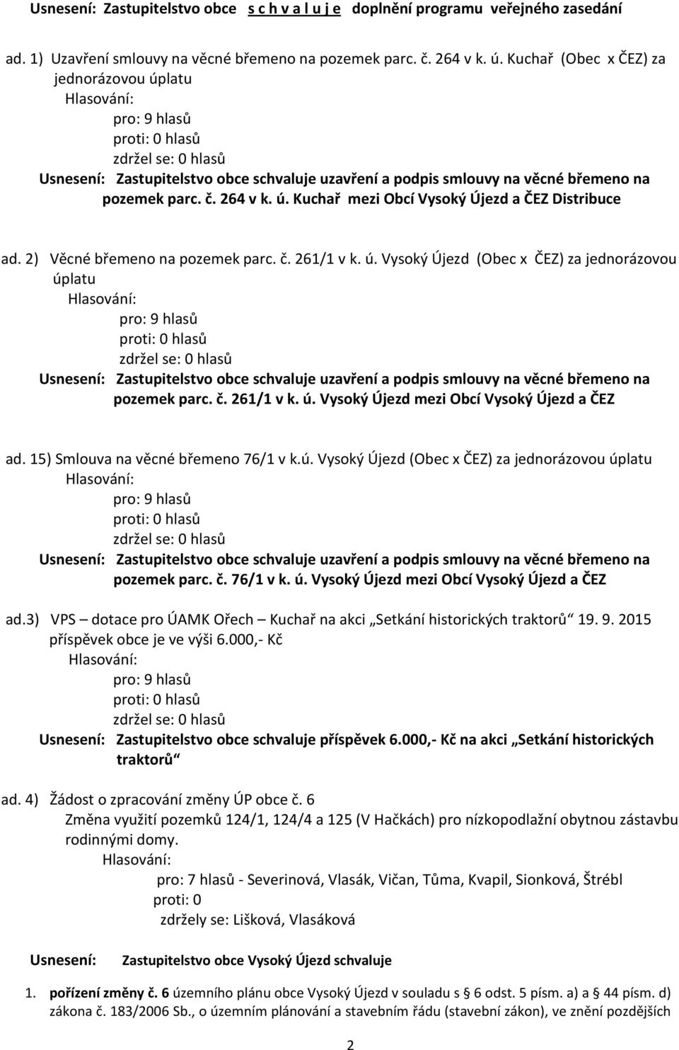 2) Věcné břemeno na pozemek parc. č. 261/1 v k. ú. Vysoký Újezd (Obec x ČEZ) za jednorázovou úplatu Usnesení: Zastupitelstvo obce schvaluje uzavření a podpis smlouvy na věcné břemeno na pozemek parc.